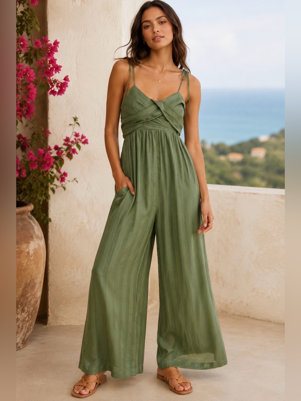 Anthropologie Current Air Green Boho Resort wide leg Jumpsuit Large NWT